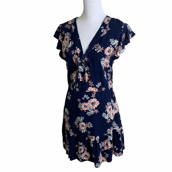 Cupcakes and Cashmere Navy Floral Neck Tie Ruffle Cap Sleeve Mini Dress Womens 6 - Picture 7 of 10